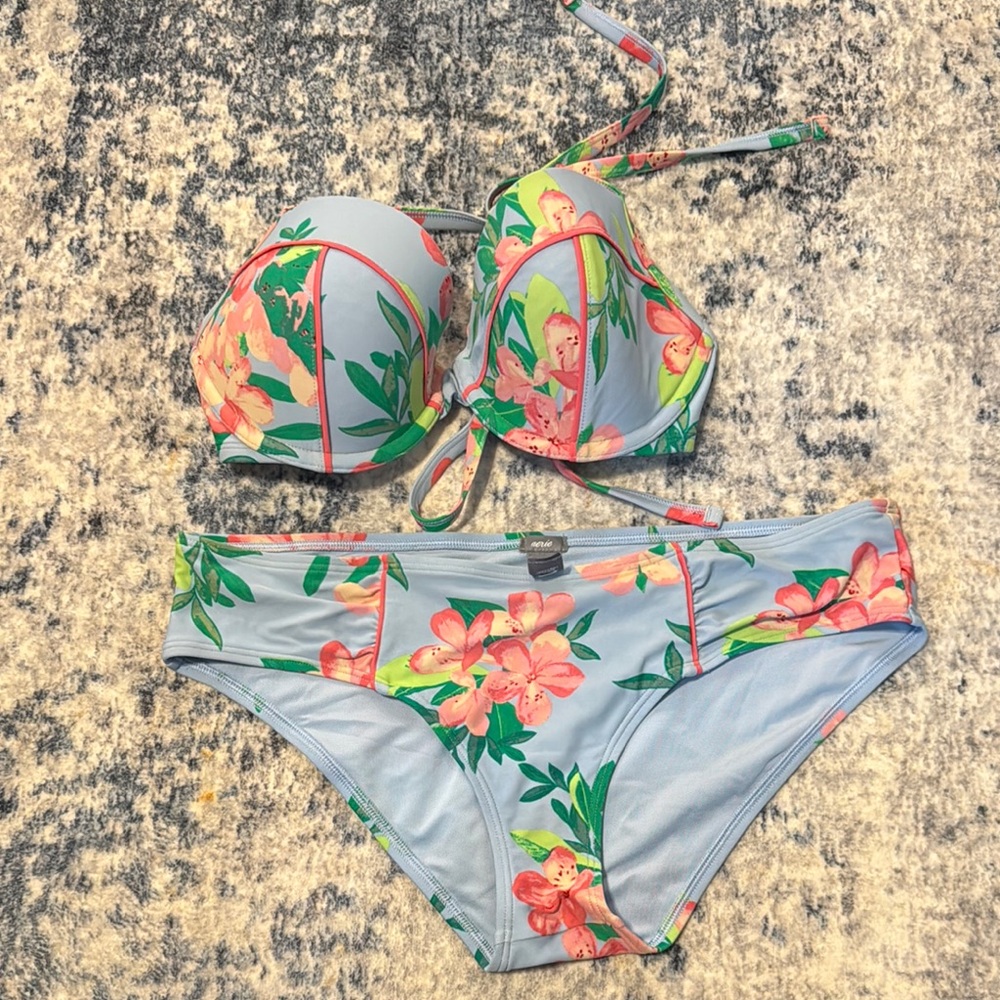 Aerie Floral Bikini Set - Light Blue and Orange
